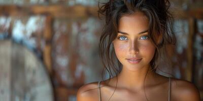 A stunning woman with freckles and blue eyes, photographed in a beautiful rustic setting photo