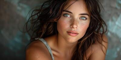 Create a portrait of a freckled woman, emphasizing her natural beauty, elegance, and confidence photo