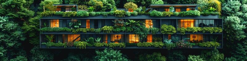 A building surrounded by lush greenery, trees, and plants from above photo