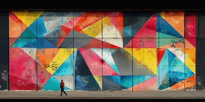 A man is walking past a large colorful mural on a wall, admiring the art photo