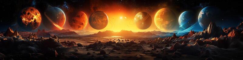 In the sky, planets drift peacefully among clouds and sunlight photo