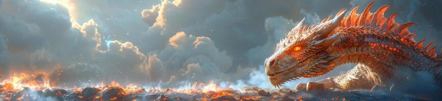 The dragon is surrounded by flames and clouds, creating a dramatic sky scene photo