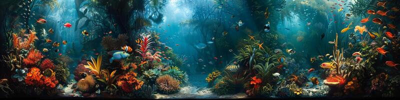 A spacious aquarium with abundant fish and colorful corals photo