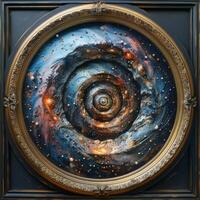 There is a painting of a spiral galaxy enclosed within a luxurious gold frame photo