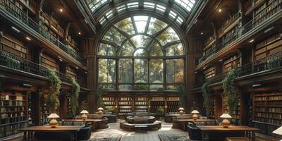 Room with large library, many bookshelves, and big window photo