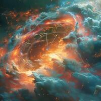 A painting with a clock in a vibrant galaxy, stars and cosmic wonders photo