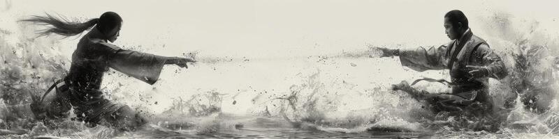 A man and a woman engaged in a battle in the midst of the water photo