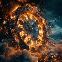 Clock with Roman numerals against sky and universe backdrop photo