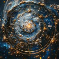 A clock with classic roman numerals set against the backdrop of a vibrant galaxy photo