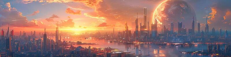 Futuristic city at sunset with a large planet in the background photo