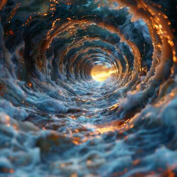 A beautiful tunnel made of water and clouds with a shining light at the end photo