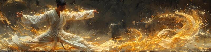 A man in white robe practices martial arts in front of fire photo