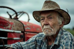 A man with a beard and a hat is seated in front of a red tractor photo