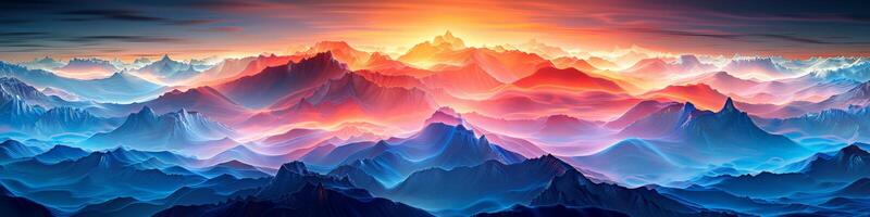 Painting of a mountain range with a sunset in the background photo