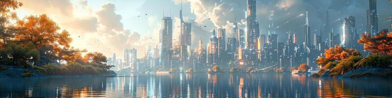 Futuristic city with lake and trees in background photo