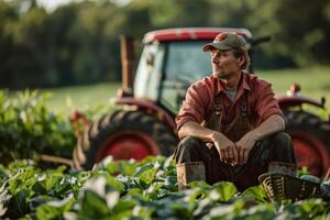 In the background, a man is sitting in a field next to a tractor photo