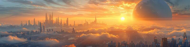 A futuristic city is enveloped by clouds during the sunset photo