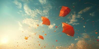 Colorful kites soar in the sky, creating mesmerizing display of vibrant hues photo