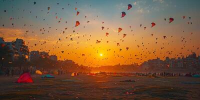 A group of colorful kites soar through the sky as the sun sets photo
