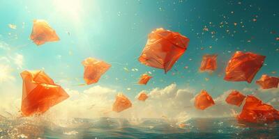 Numerous orange bags are hovering above the ocean surface photo