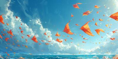 A group of colorful kites soar gracefully in the sky above the vast ocean photo
