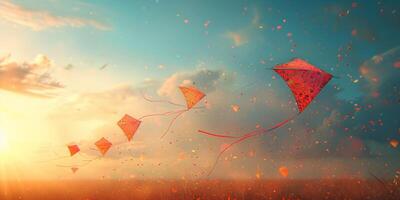 A flock of colorful kites soar through the sky during the evening photo