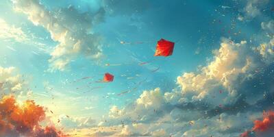 Two colorful kites in the cloudy sky, creating a picturesque scene photo