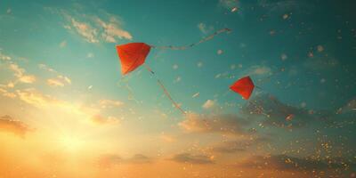 Two kites are gracefully soaring in the sky during the beautiful sunset photo