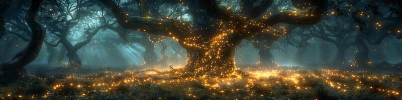 In a forest, a tree emits light, creating an enchanting atmosphere at night photo