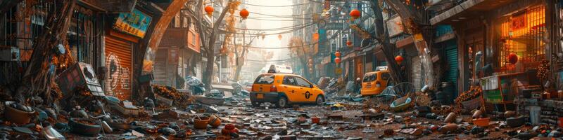 Yellow taxi cab in chaotic city street with debris and clutter photo