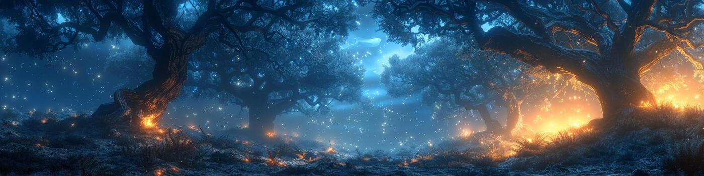 A forest with trees and fireflies lit by the night sky photo