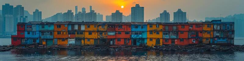 Sun sets behind buildings, reflected in water, creating a colorful scene photo