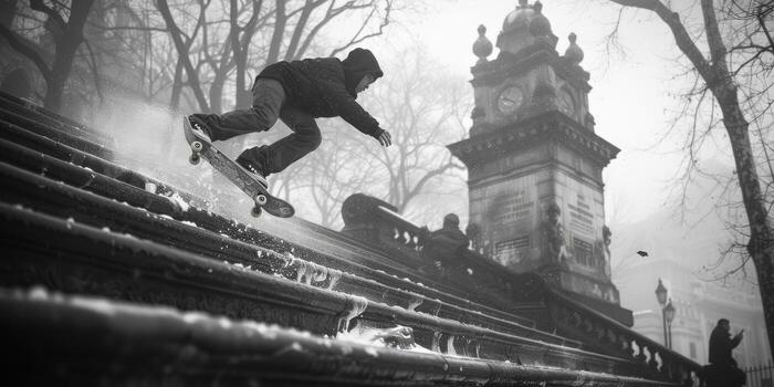 A man skateboards down stairs in front of a clock tower photo