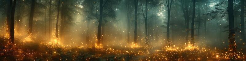 The foggy forest is filled with fireflies, creating a magical atmosphere photo