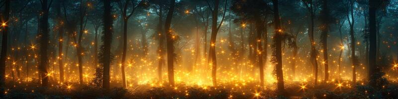 At night, the forest is filled with fireflies creating a magical atmosphere photo