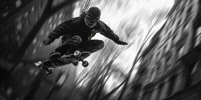 A man is elevated in midair, demonstrating skateboard maneuvers photo