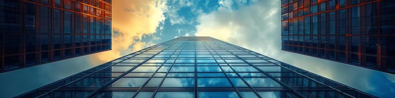 A view of a tall building against a backdrop of a blue sky photo