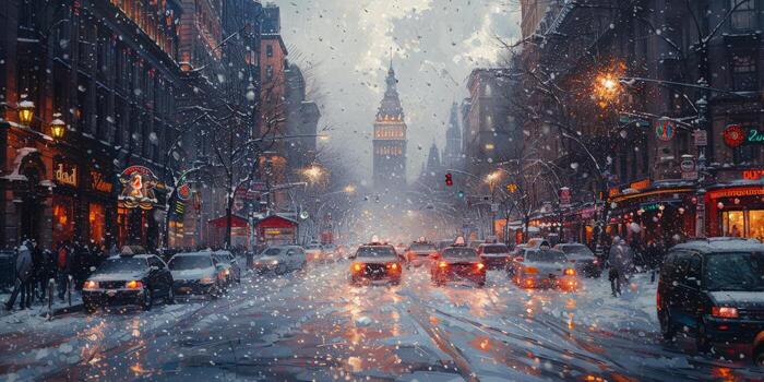 Pixel art of snowy city street with clock tower in background photo