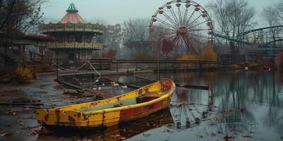 A yellow boat floats in a lake near a ferris wheel and trees photo