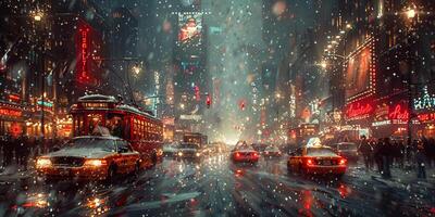 A painting of a city street at night in snow with car lights and a passing car photo