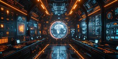A futuristic space station with a globe in the middle photo