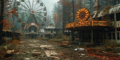 Abandoned amusement park with ferris wheel and carousel in woods photo