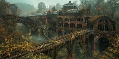 Pixel art of an abandoned train station in a forest photo