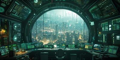 Futuristic control room with city view at night, skyscrapers, urban cityscape photo