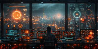 A man is sitting by a computer, watching city lights through a window at night photo