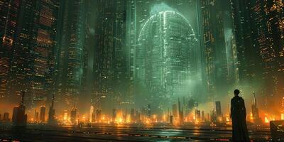 A man gazes at a city at night, with water, greenery, skyscrapers, and lighting photo