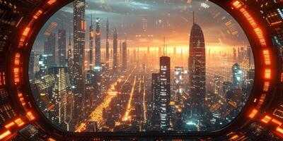 Futuristic city view from spaceship at night is captivating photo