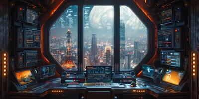 Futuristic control room with city view highlights advanced features photo
