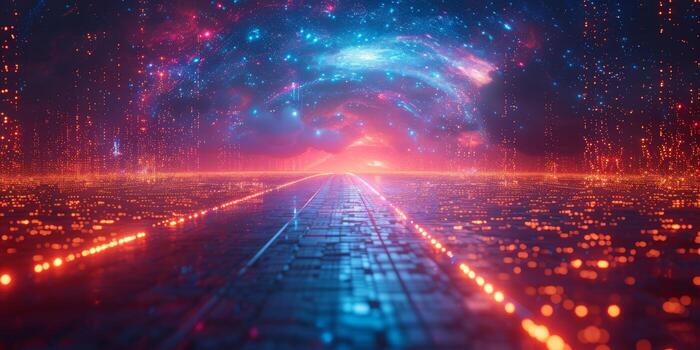 Computer image of a futuristic city with a galaxy in the background photo