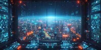 The view from a space ship cockpit shows a futuristic city photo